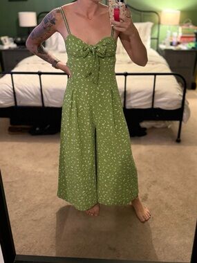 Free People Olive Green Floral Tie-Front Wide-Leg Jumpsuit